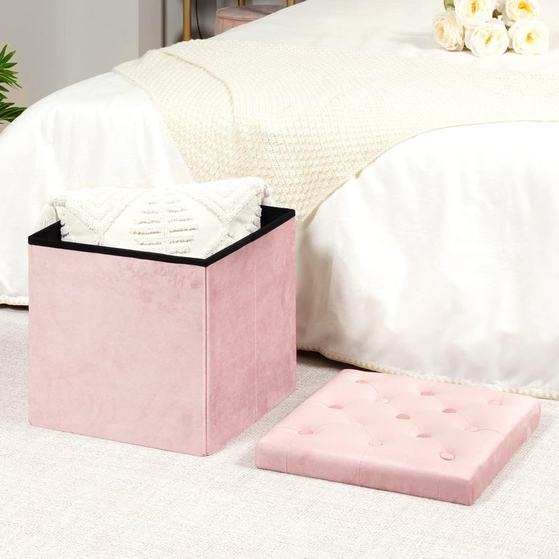 B FSOBEIIALEO Storage Ottoman Cube, Velvet Tufted Folding Ottomans with Lid, Footstool Rest Padded Seat for Bedroom (Pink, Medium) - Image 2
